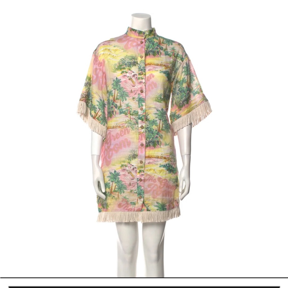 Zimmerman Vacay Short sleeve dress, 100% linen, Tropical Print & Fringe, small
